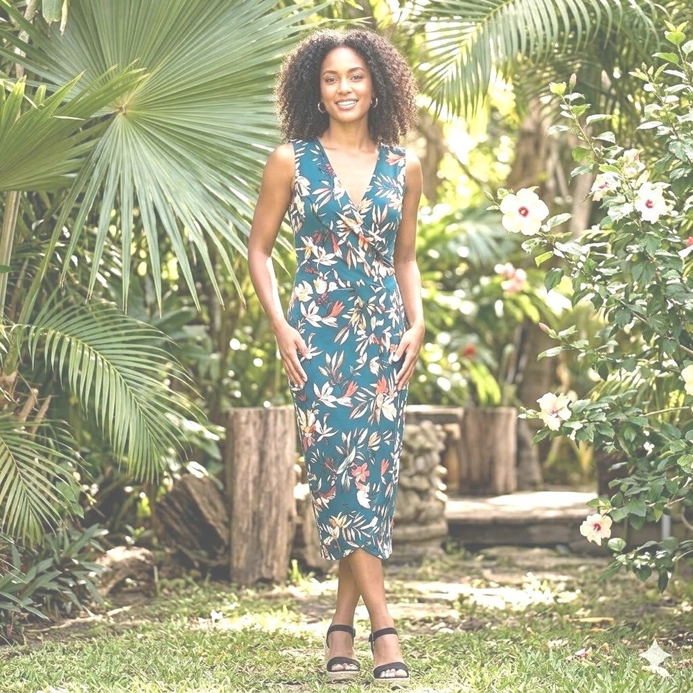 Hail3y:23 Tropical Floral Faux Wrap Midi Dress XL Dark Teal Summer Vacation - Picture 1 of 11